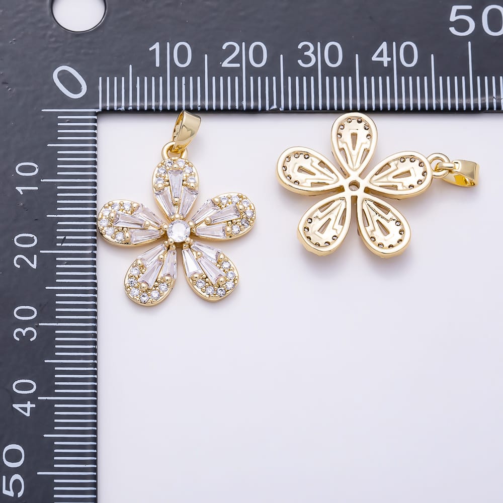 14K Gold Filled 22mm Clear Baguette Micro Paved CZ Flower Pendant | Charms-02256