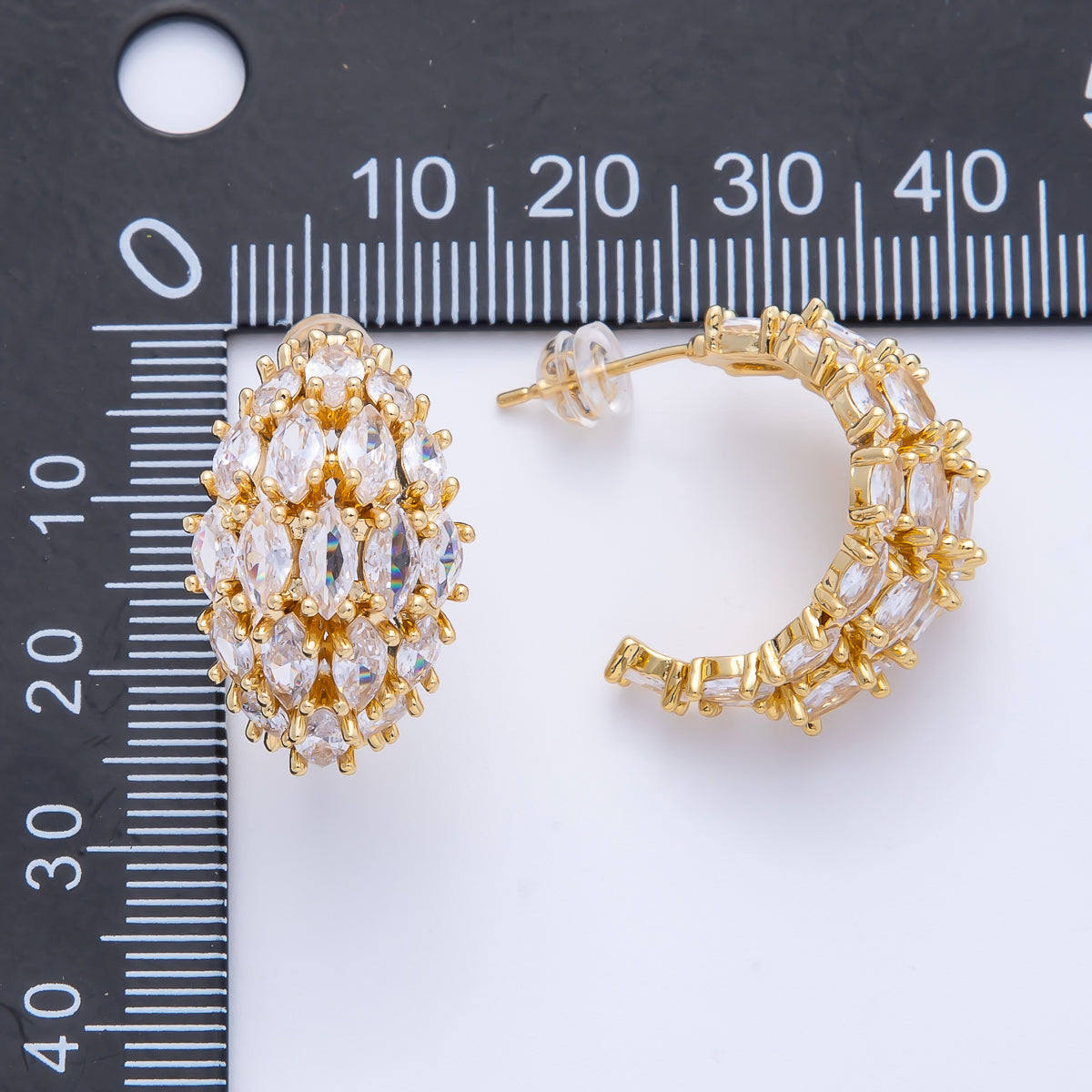 14K Gold Filled 22.5mm Clear CZ Marquise C-Shaped Hoop Earrings in Gold & Silver | Earr-020007 Earr-020008