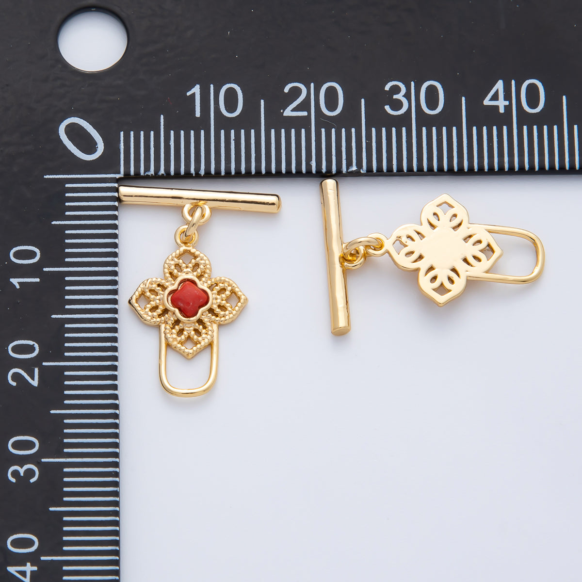 18K Gold Filled Blue, Red, White CZ Clover OT Clasp Dainty Toggle Clasps Closure Finding | Z1458 Z1459