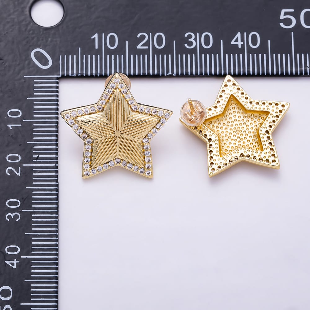 16K Gold Filled 23mm Micro Paved CZ Textured Puffed Celestial Star Stud Earrings| Earrings-00924 - Earrings-00925
