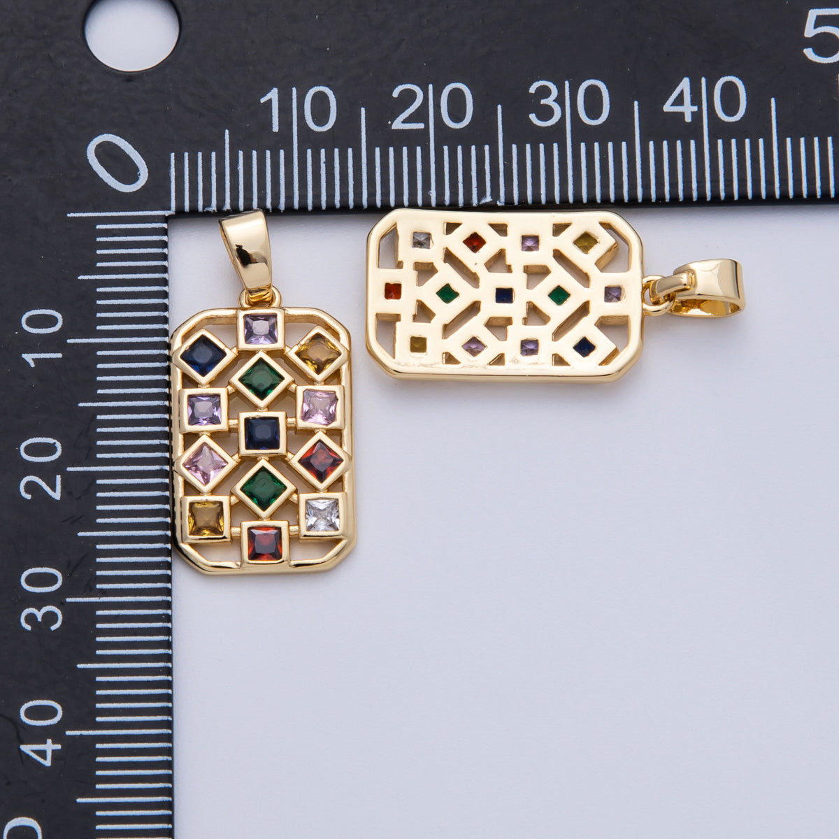 18K Gold Filled 22.5mm Multicolor CZ Rhombus Rectangular Pendant | Charms-00091