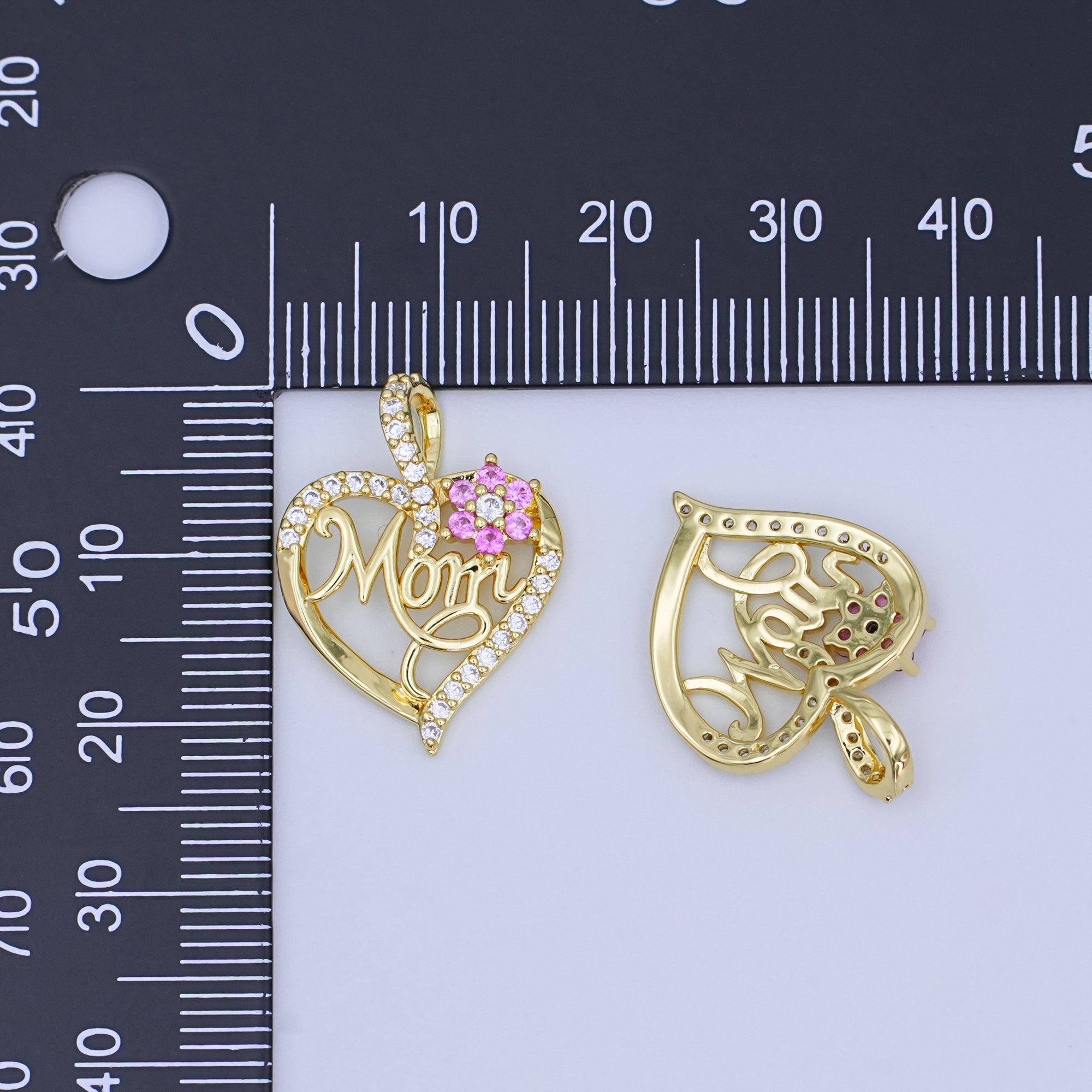 24K Gold Filled Micro Paved CZ "MOM" Cursive Flower Heart Open Pendant | AH430
