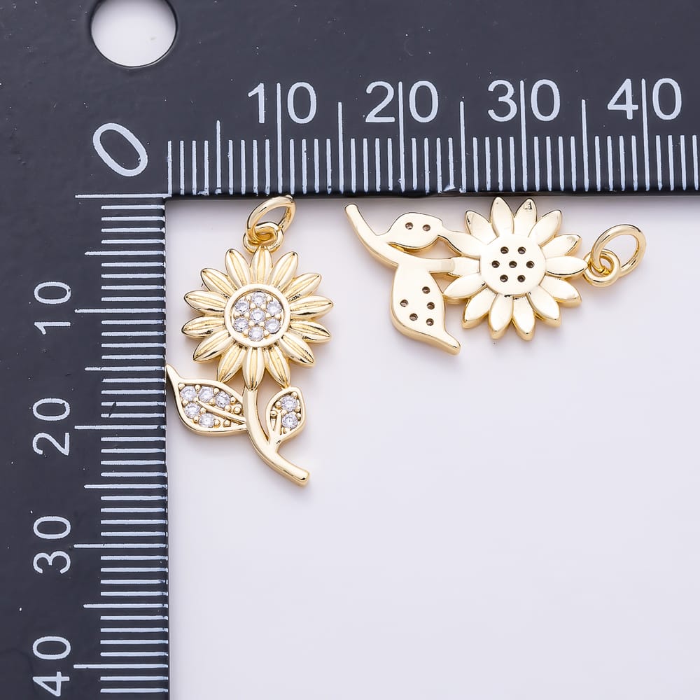 16K Gold Filled 23mm Micro Paved CZ Sunflower Charm in Gold & Silver | Charms-02280 Charms-02281