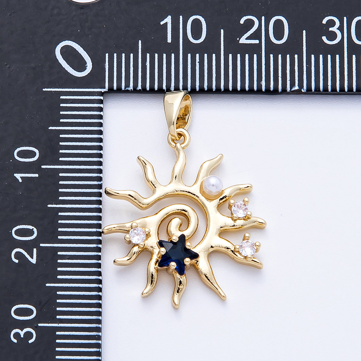 16K Gold Filled 22.5mm Blue CZ Shell Pearl Celestial Sun Pendant in Gold & Silver | Charms-00186 Charms-00187