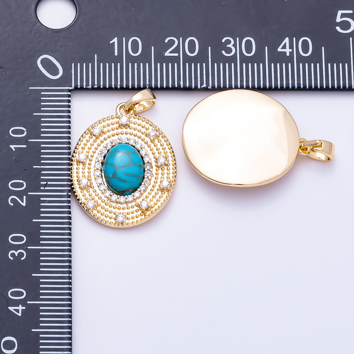 16K Gold Filled 23mm Turquoise, Tiger Eye Cabochon Micro Paved CZ Dotted Oval Pendant | Charms-01495 Charms-01496