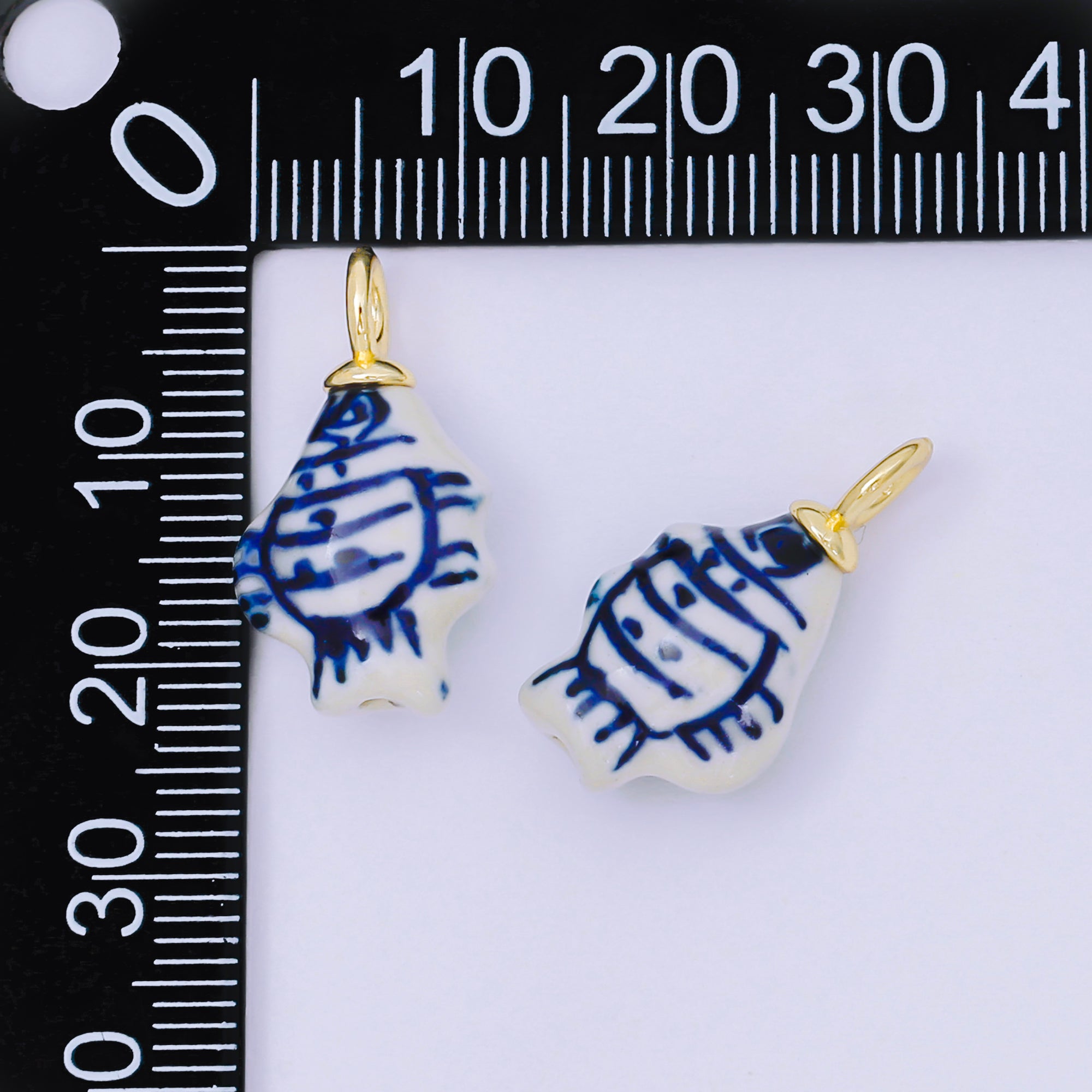 24K Gold Filled 23mm Blue-White Porcelain Ceramics Fish Drop Charm | AF1276