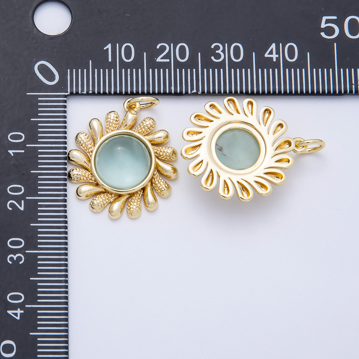 16K Gold Filled 23mm Aquamarine, Citrine Cabochon Gemstone Celestial Sun Ray Charm | Charms-00693 Charms-00694