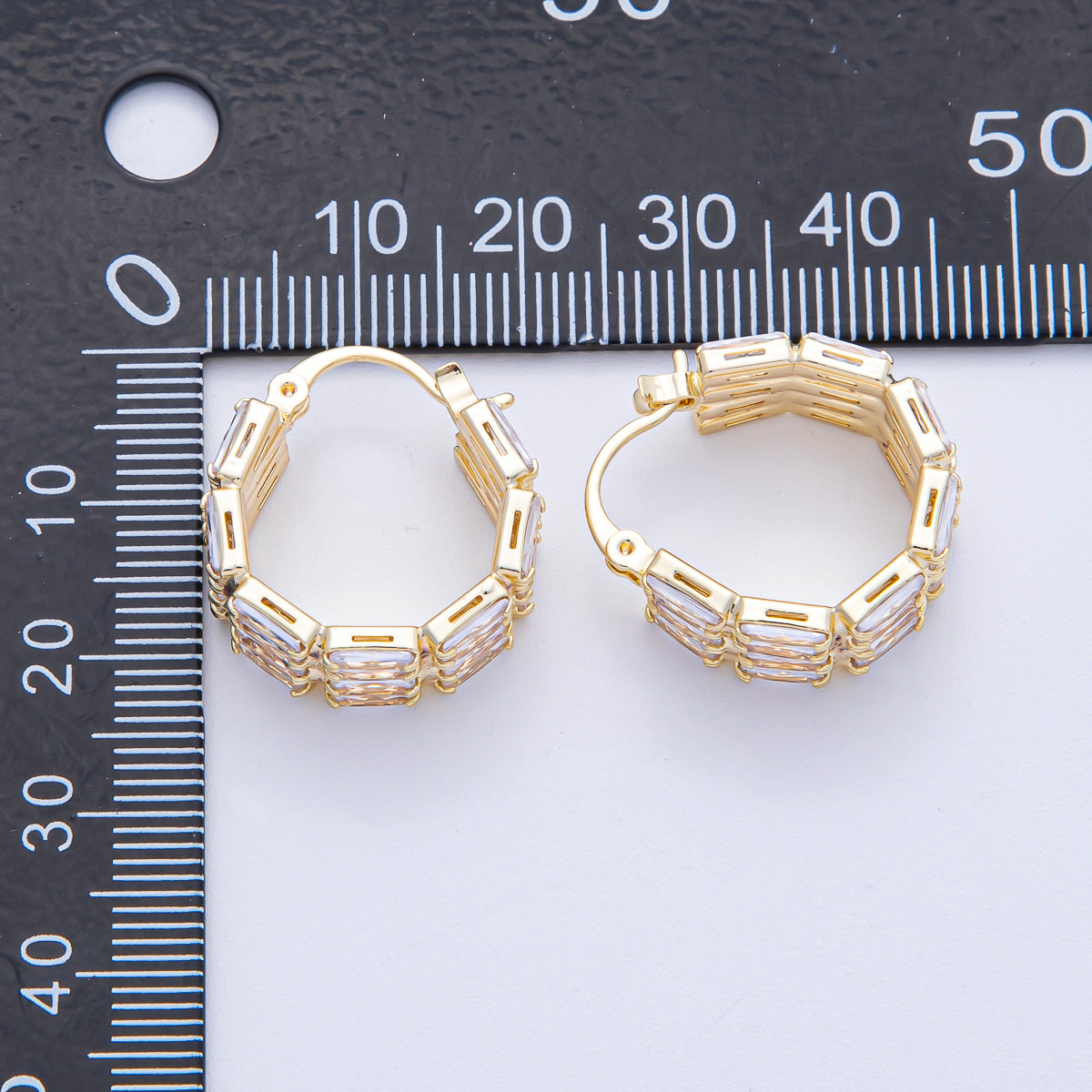 18K Gold Filled 23mm Clear Baguette CZ Edged Latch Hoop Earrings | AD1673