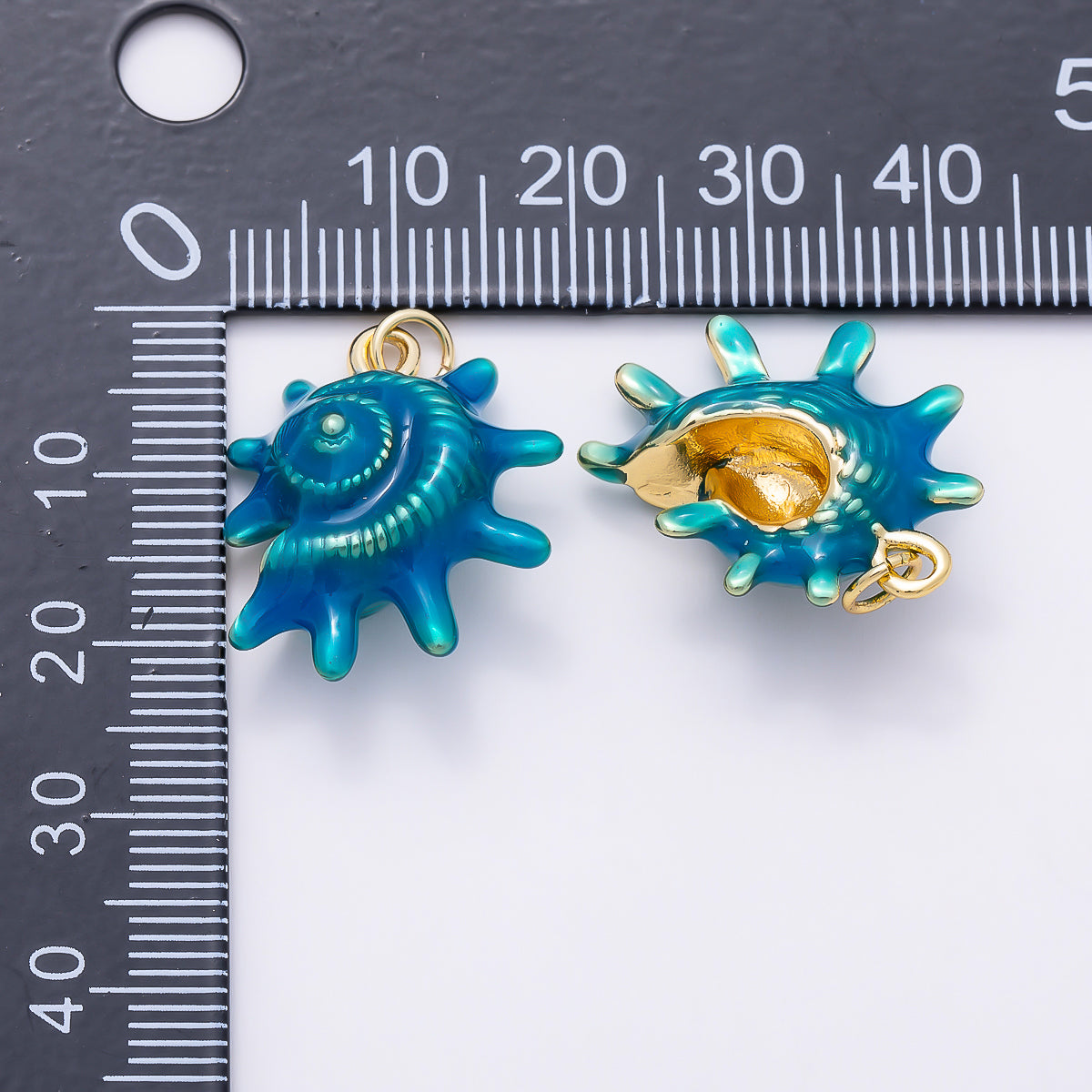 16K Gold Filled 23mm White, Blue Enamel Natural Conch Sea Shell 3D Multidimensional Charm | Charms-01506