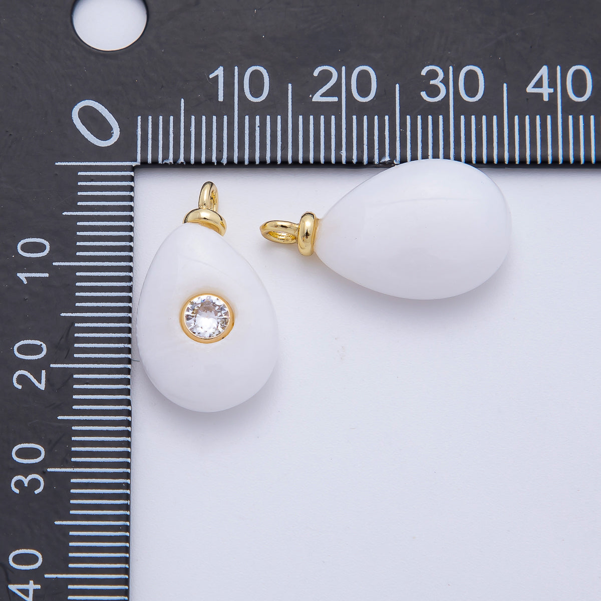 18K Gold Filled 23mm Clear CZ Round Embedded White Jade Teardrop Gemstone Charm | AF1322