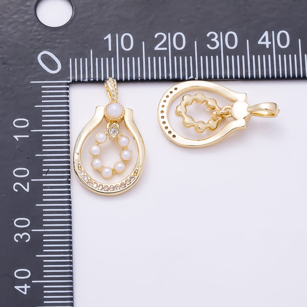 16K Gold Filled 23mm Shell Pearl Micro Paved CZ Open Teardrop Oval Pendant | Charms-02380