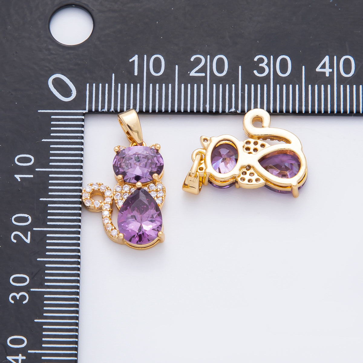 18K Gold Filled 23mm Pink & Purple CZ Cat Figure Animals Pendant | AF-A1122