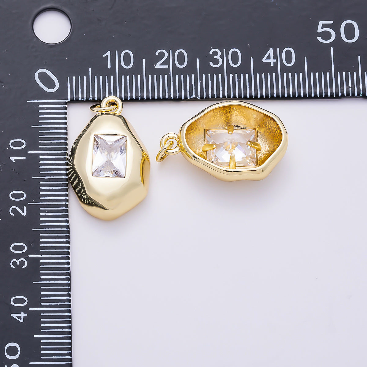 16K Gold Filled 23mm Clear CZ Baguette Geometric Molten Bezel Chubby Charm | Charms-01358