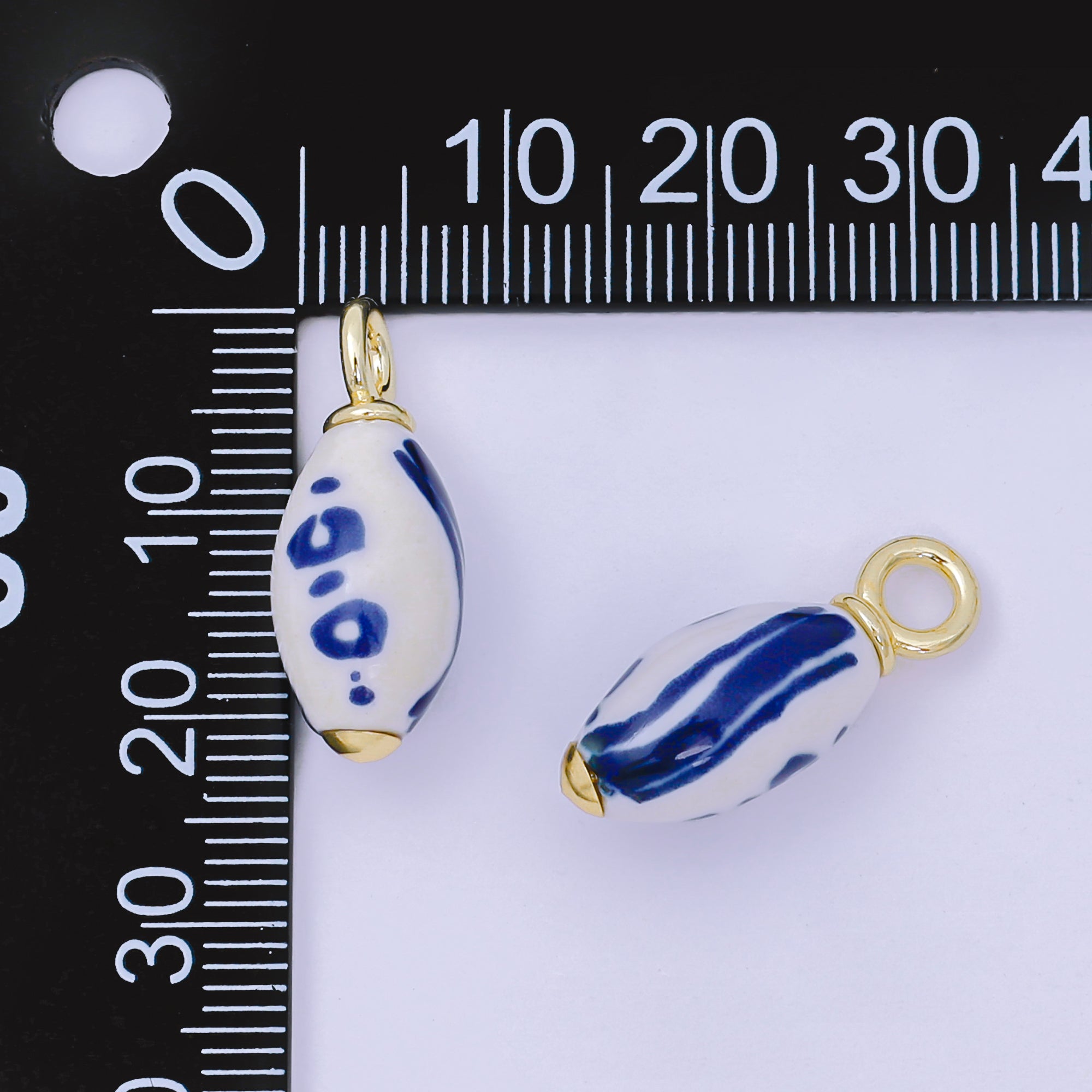 24K Gold Filled Blue-White Porcelain Oblong Drop Charm | AF1280