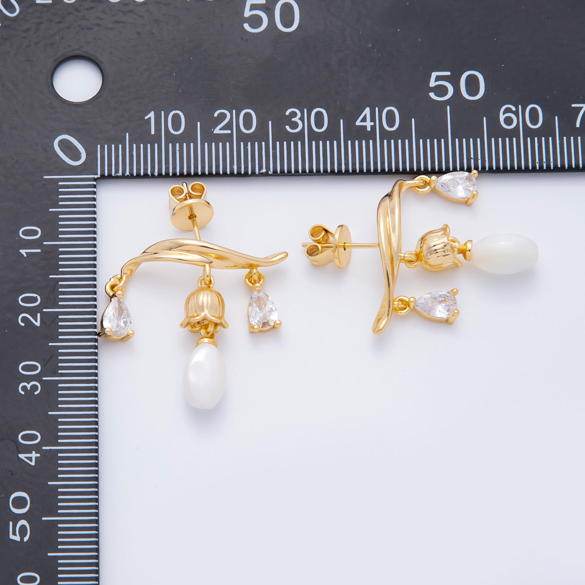 18K Gold Filled Lily Flower Teardrop CZ Shell Pearl Drop Stud Earrings | AJ191
