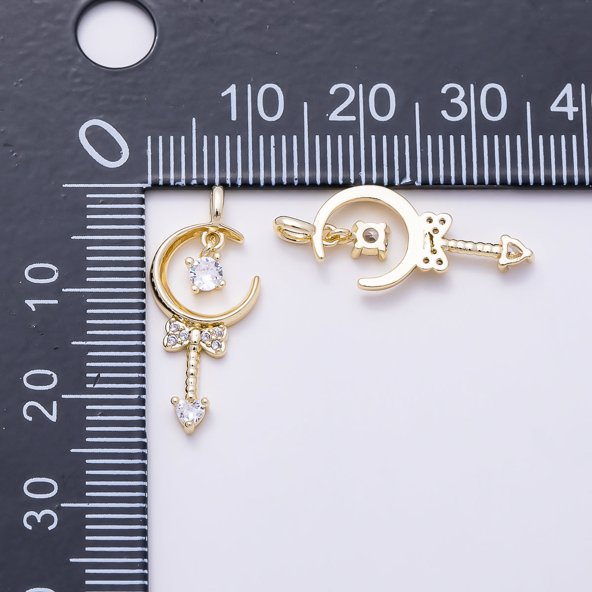 16K Gold Filled 23mm Micro Paved Ribbon Bow Heart CZ Magical Crescent Moon Wand Pendant | Charms-01615