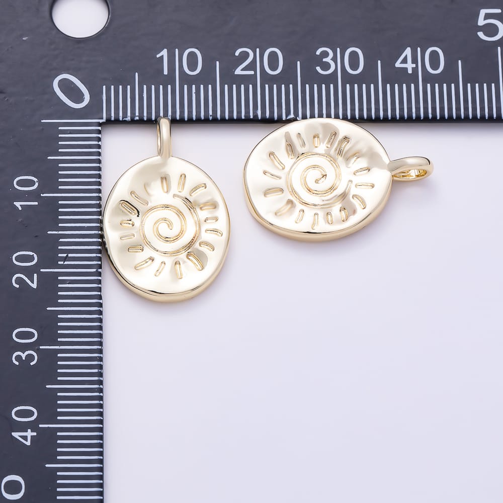 16K Gold Filled 16mm Celestial Engraved Sunburst Spiral Medallion Tag Charm | Charms-02148 - Charms-02149