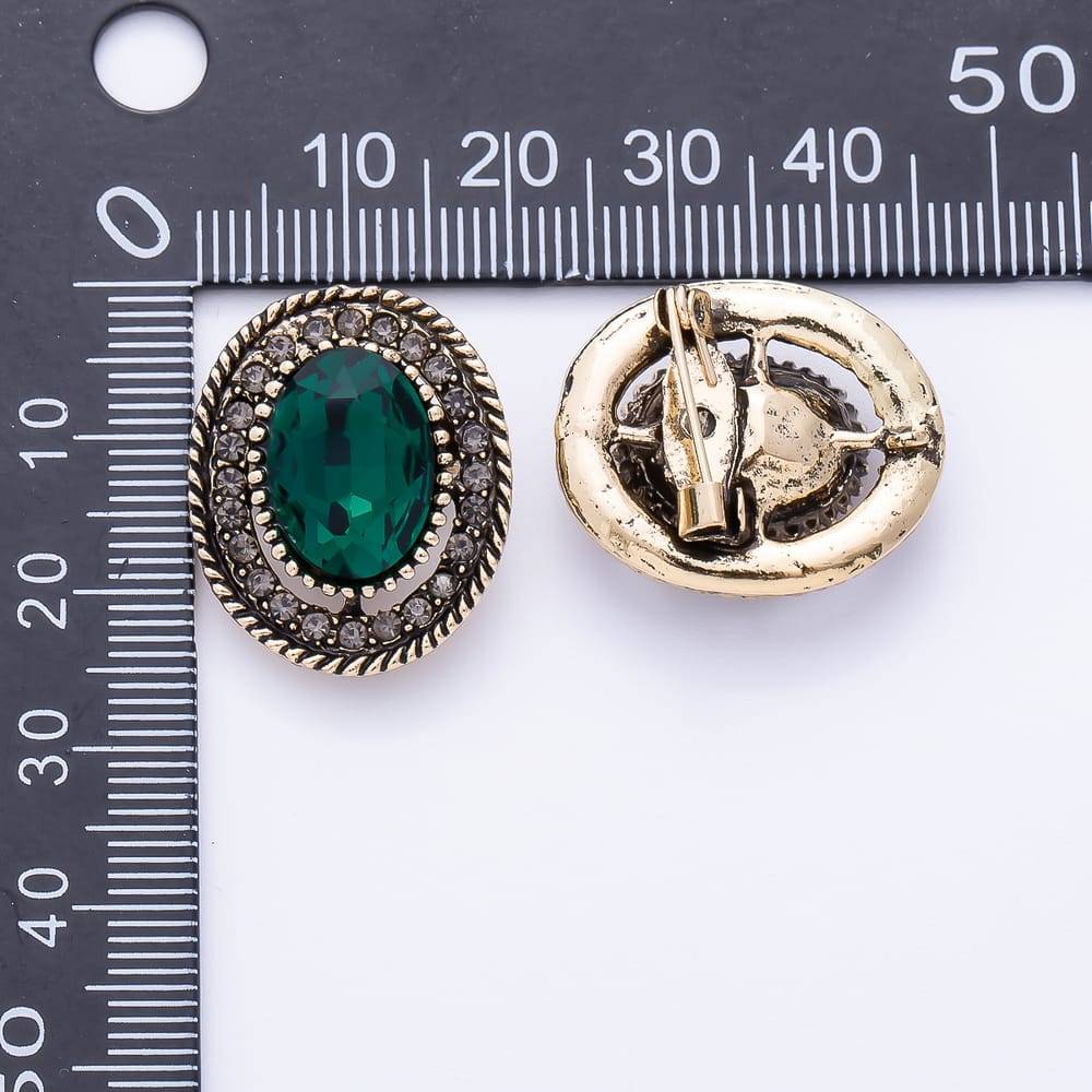 Vintage Gold Blue, Brown, Green Rhinestone Solitaire Bezel Oval Pin Brooch | BH-00249 ~ BH-00251