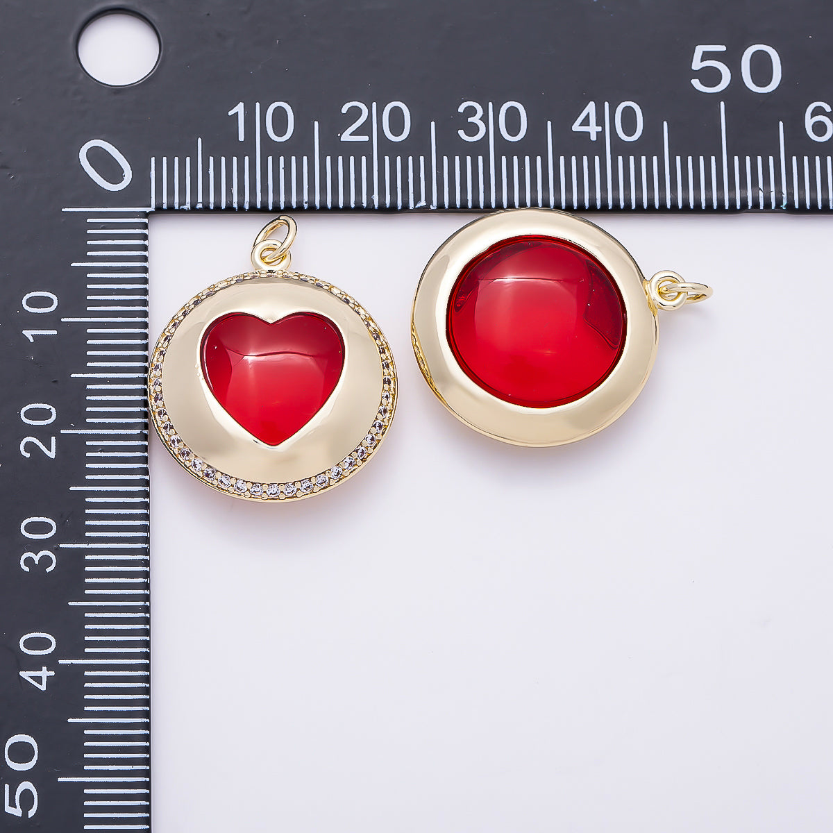 16K Gold Filled 24mm Red Heart Micro Paved CZ Round Pendant | Charms-01278