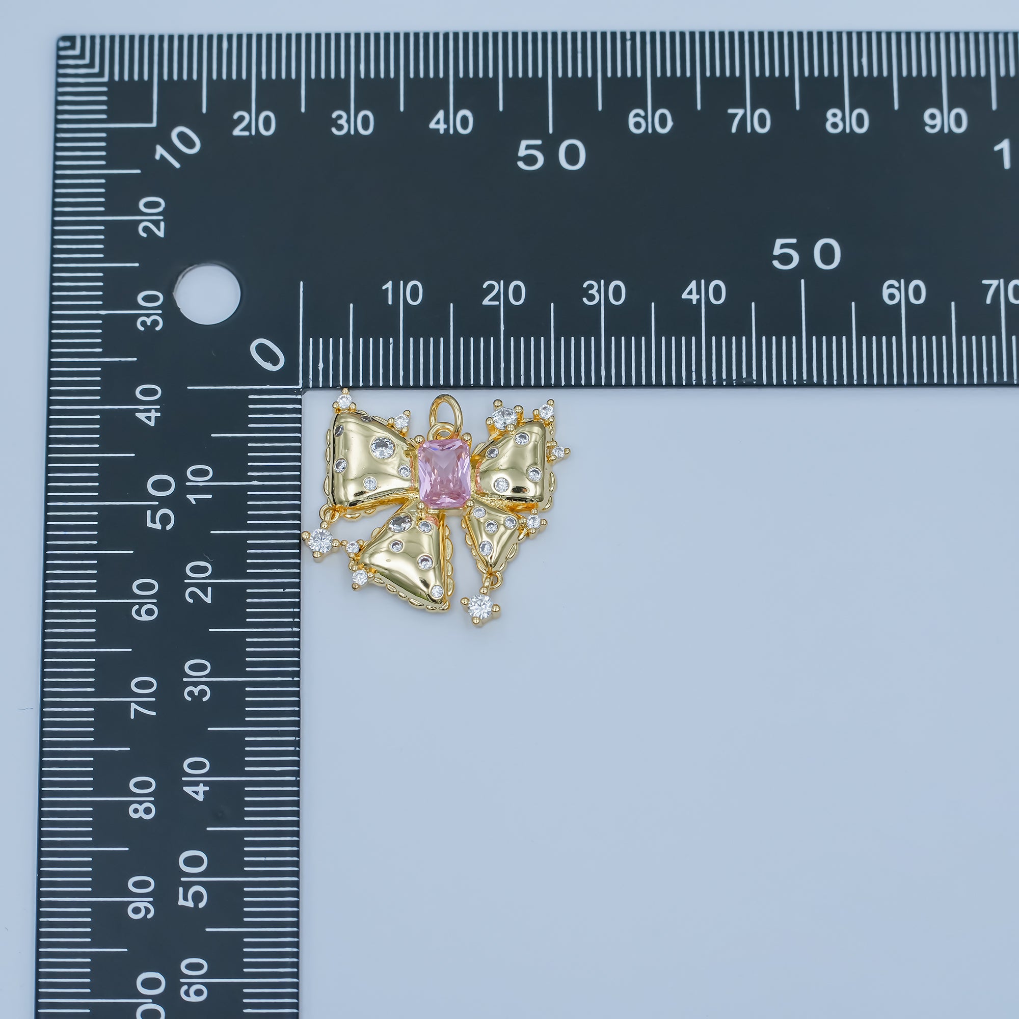 24K Gold Filled Pink Baguette CZ Dotted Ribbon Bow Charm | N040