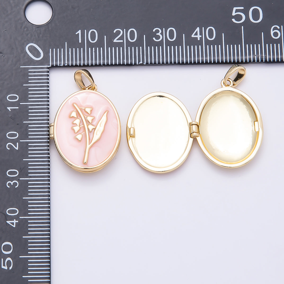 16K Gold Filled 24mm Pink, White Glitter Enamel Flower Oval Locket Pendant | Charms-01031 Charms-01032