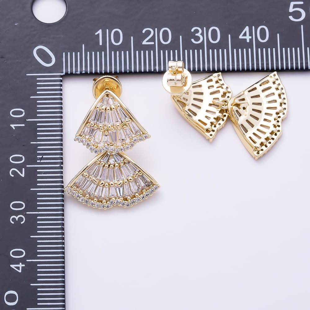 16K Gold Filled 24mm Baguette Micro Paved CZ Double Fan Drop Stud Earrings | Earrings-01091