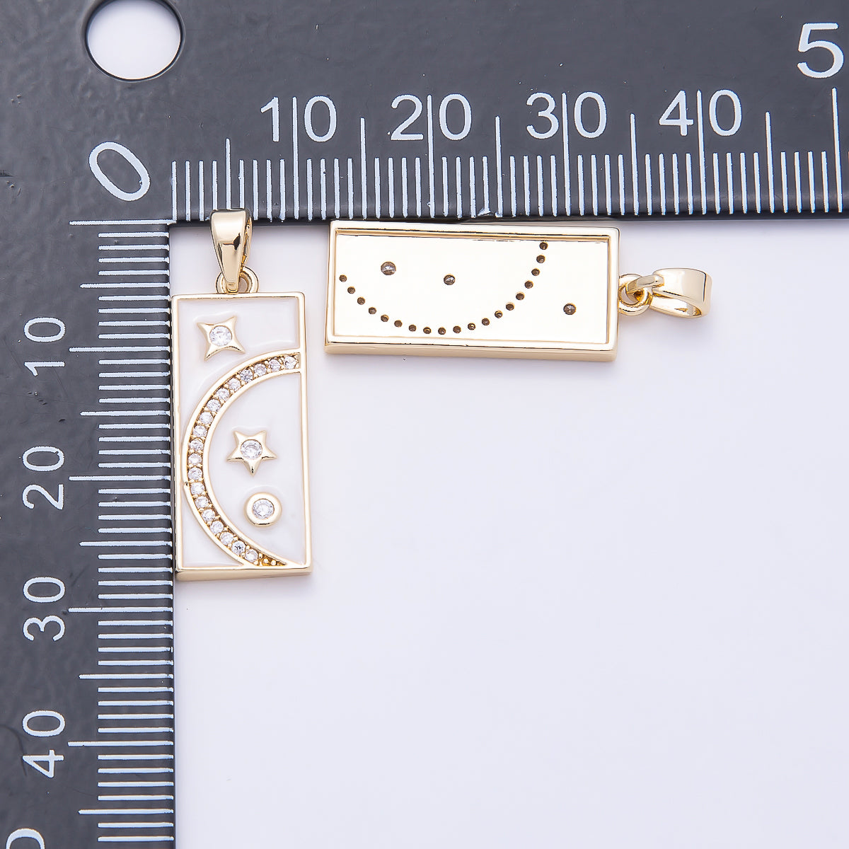 16K Gold Filled 24mm Micro Paved CZ White Enamel Celestial Moon Star Rectangular Tag Pendant | Charms-00953
