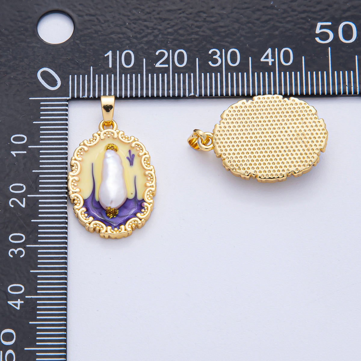 18K Gold Filled 24mm Shell Pearl Yellow Purple Multicolor Enamel Oval Pendant | AF1205
