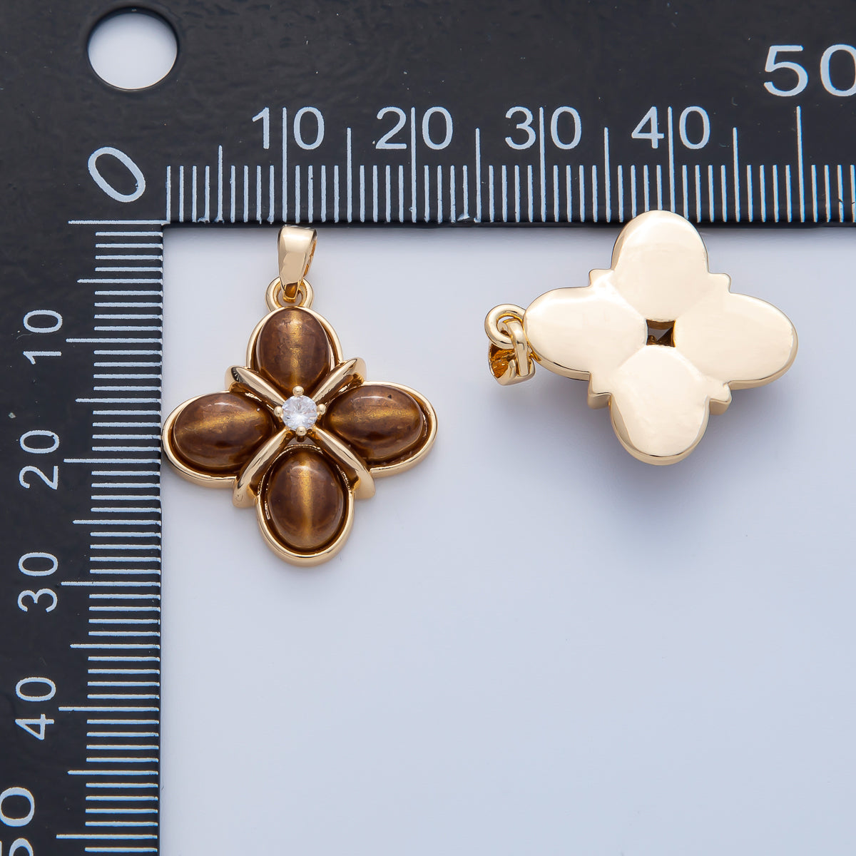 18K Gold Filled Tiger Eye Natural Gemstone with CZ 24mm Clover Charm Pendant | AF1167