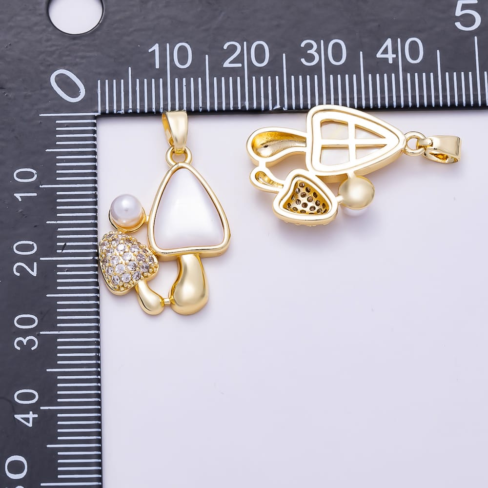 16K Gold Filled 23mm Clear CZ Whimsical Twin Mushroom Mother of Pearl Pendant | Charms-02219