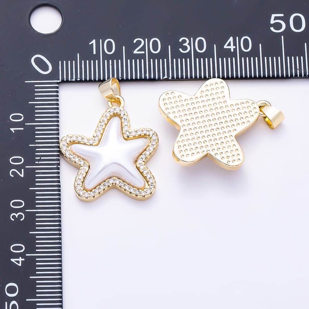 16K Gold Filled 24mm Shell Pearl Micro Paved CZ Starfish Pendant | Charms-02228