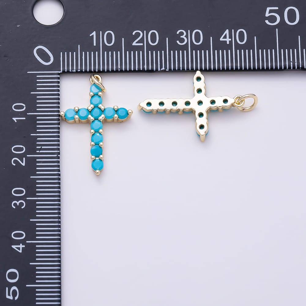 16K Gold Filled 24mm Blue Turquoise CZ Beaded Cabochon Cross Religious Charm | Charms-02121 - Charms-02122