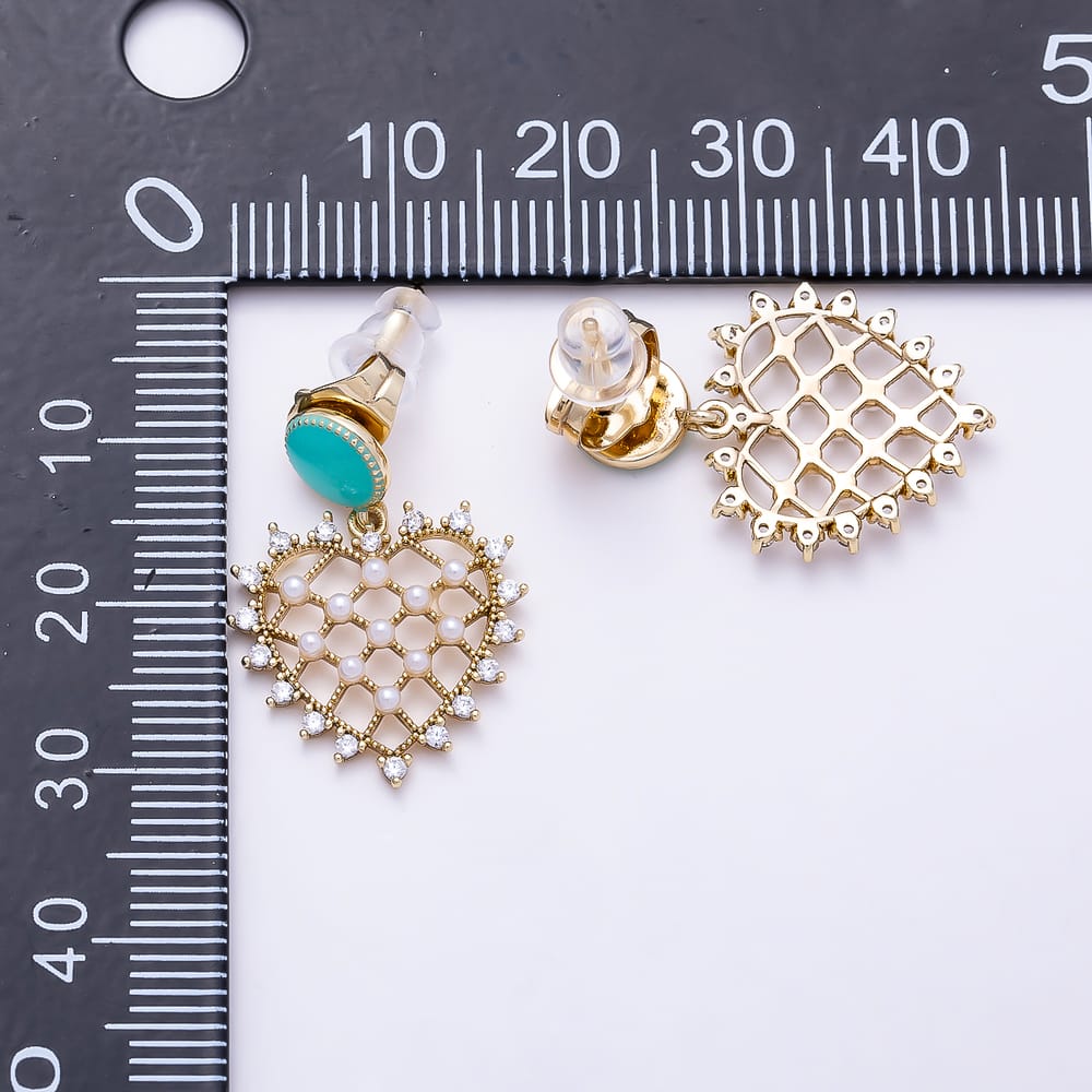 14K Gold Filled 24mm Clear CZ Shell Pearl Open Heart Turquoise Enamel Round Drop Stud Earrings | Earrings-01112