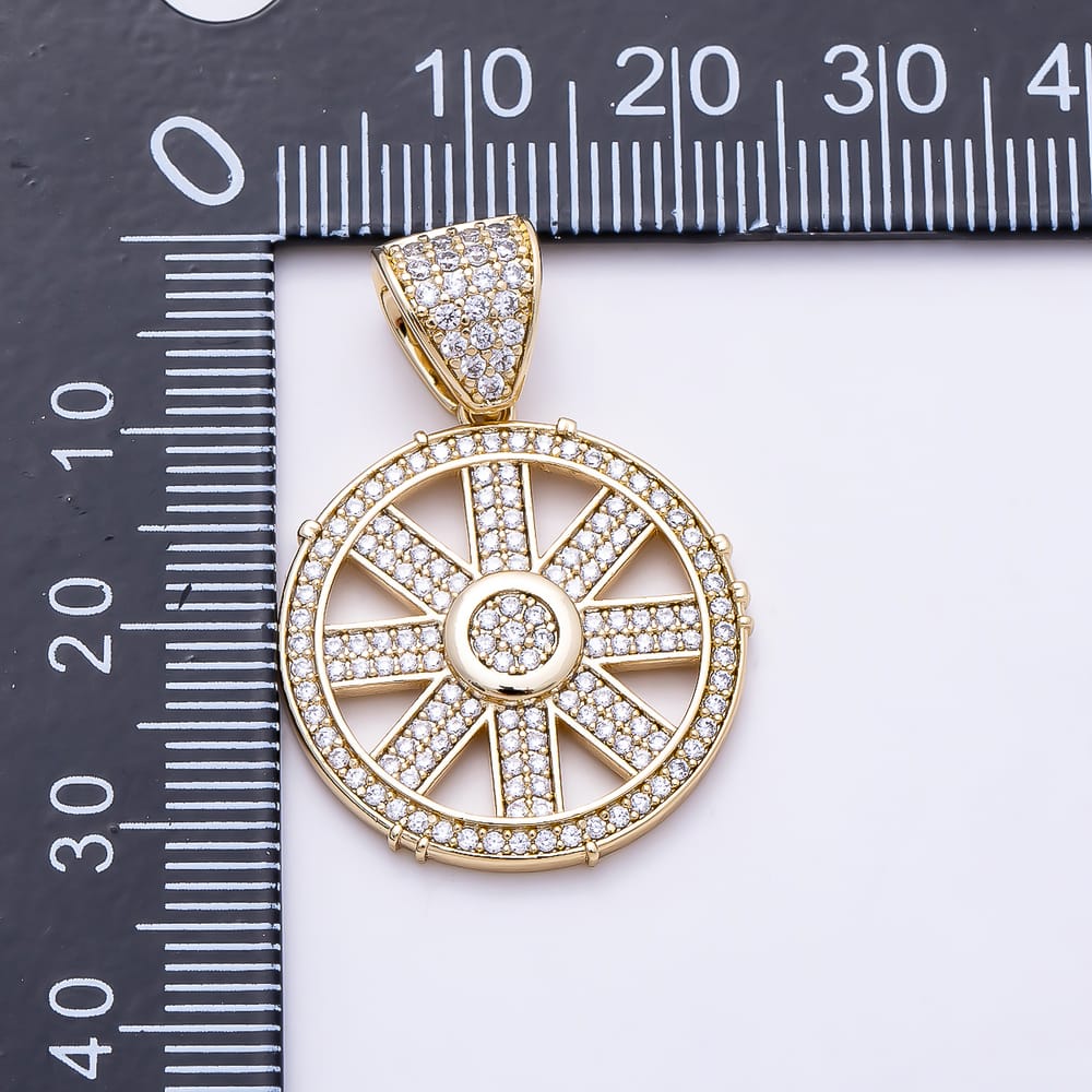 16K Gold Filled 24mm Open Micro Paved CZ Band Geometric Wheel Pendant | Charms-02305