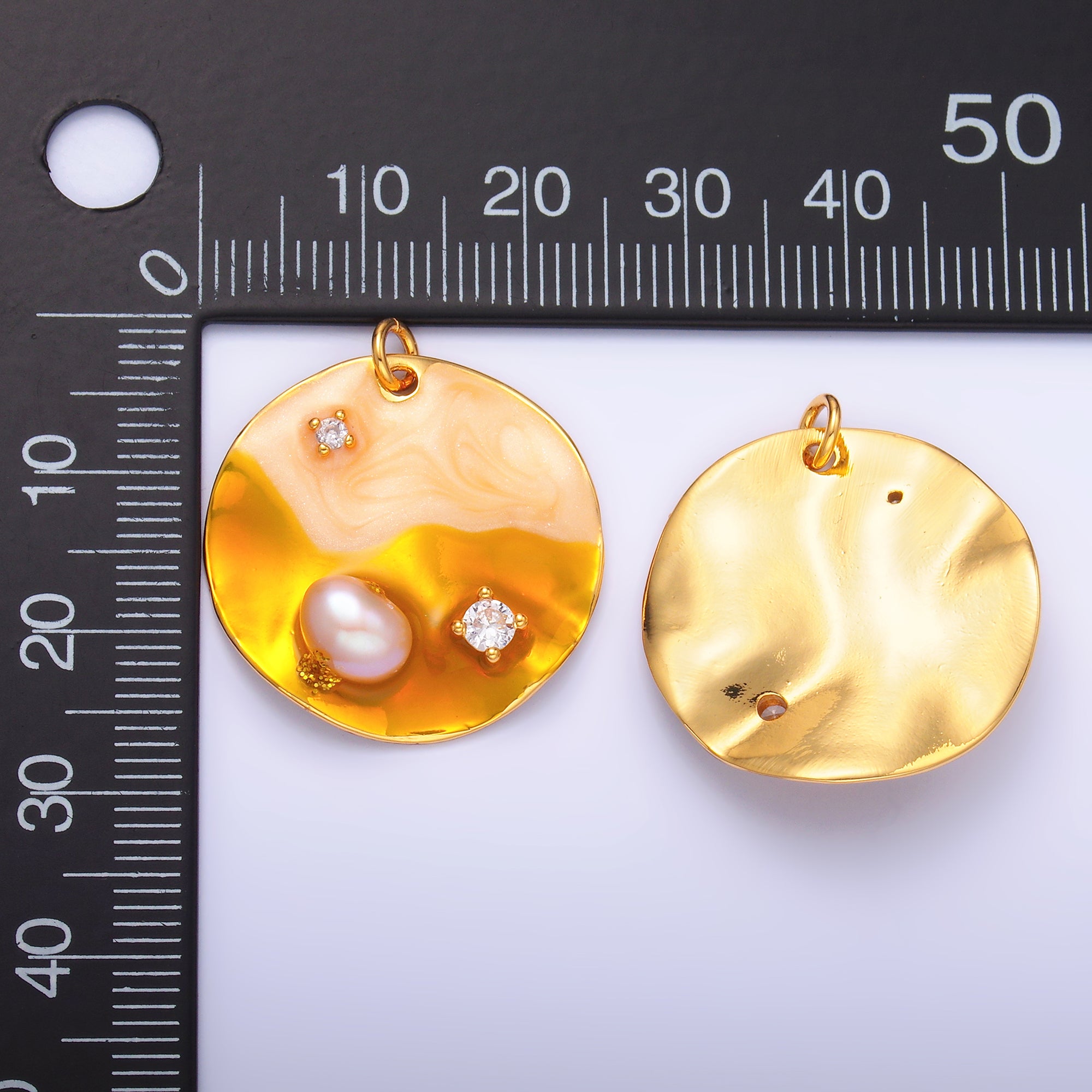 Yellow Gold Coin Charm enamel with pearl beads 24k Gold Filled M-258