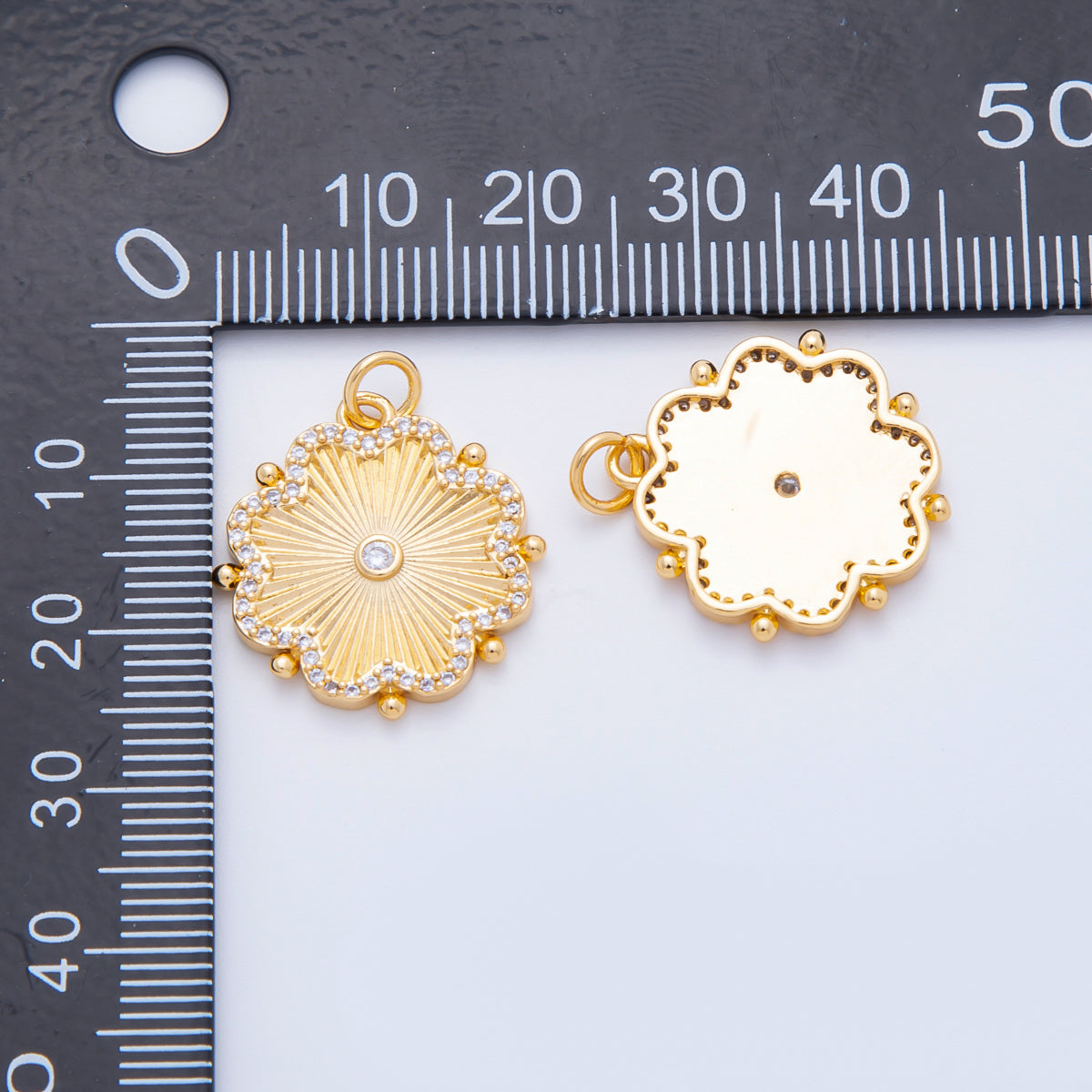 18K Gold Filled 25mm Round CZ SunBurst Bloom Clover Flower Charm | N611