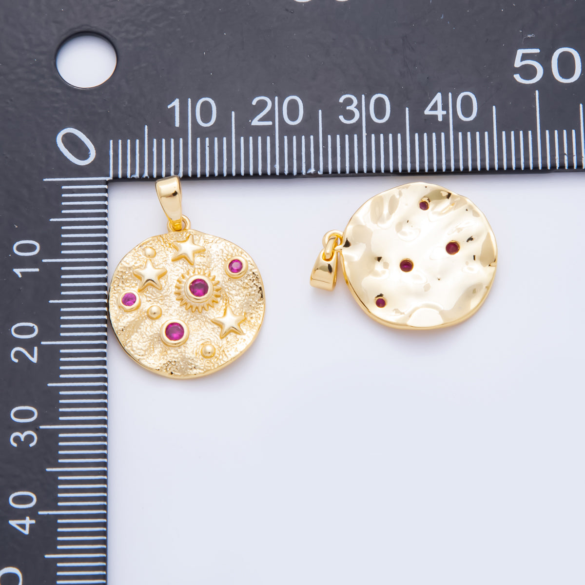 18K Gold Filled 25mm Fuchsia CZ Celestial Star Textured Foil Round Charm | AH816
