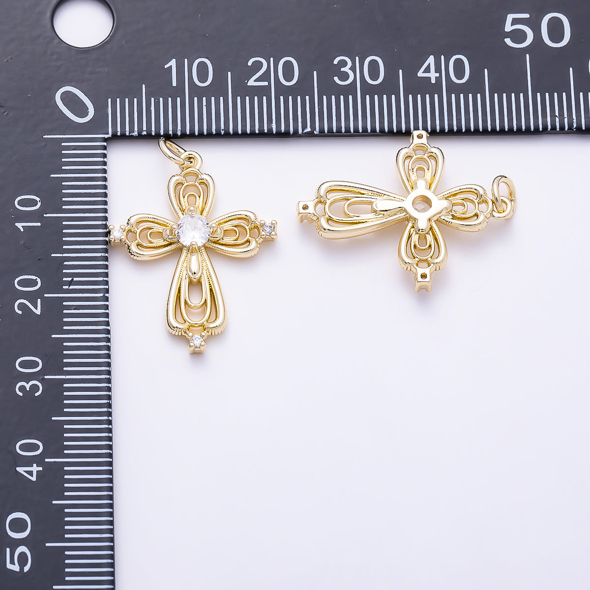 16K Gold Filled 25mm Clear Solitaire CZ Vintage Victorian Filigree Cross Charm | Charms-01638