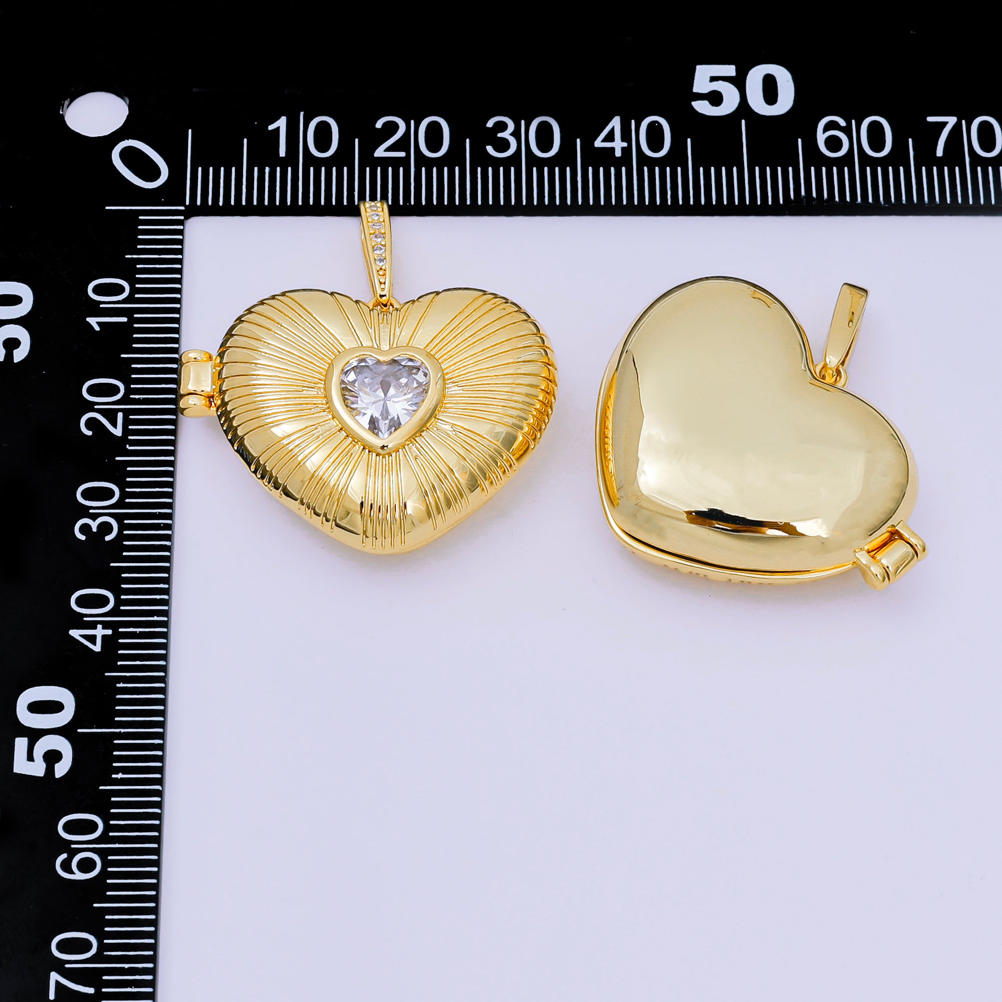 24K Gold Filled 25mm Heart CZ Sunburst Photo Locket Love Pendant | AA-1509