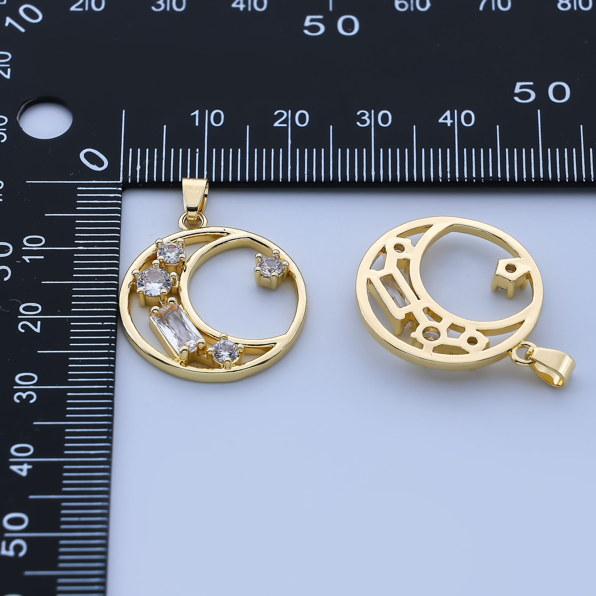 24K Gold Filled 25mm Baguette CZ Crescent Moon Pendant | AH-518