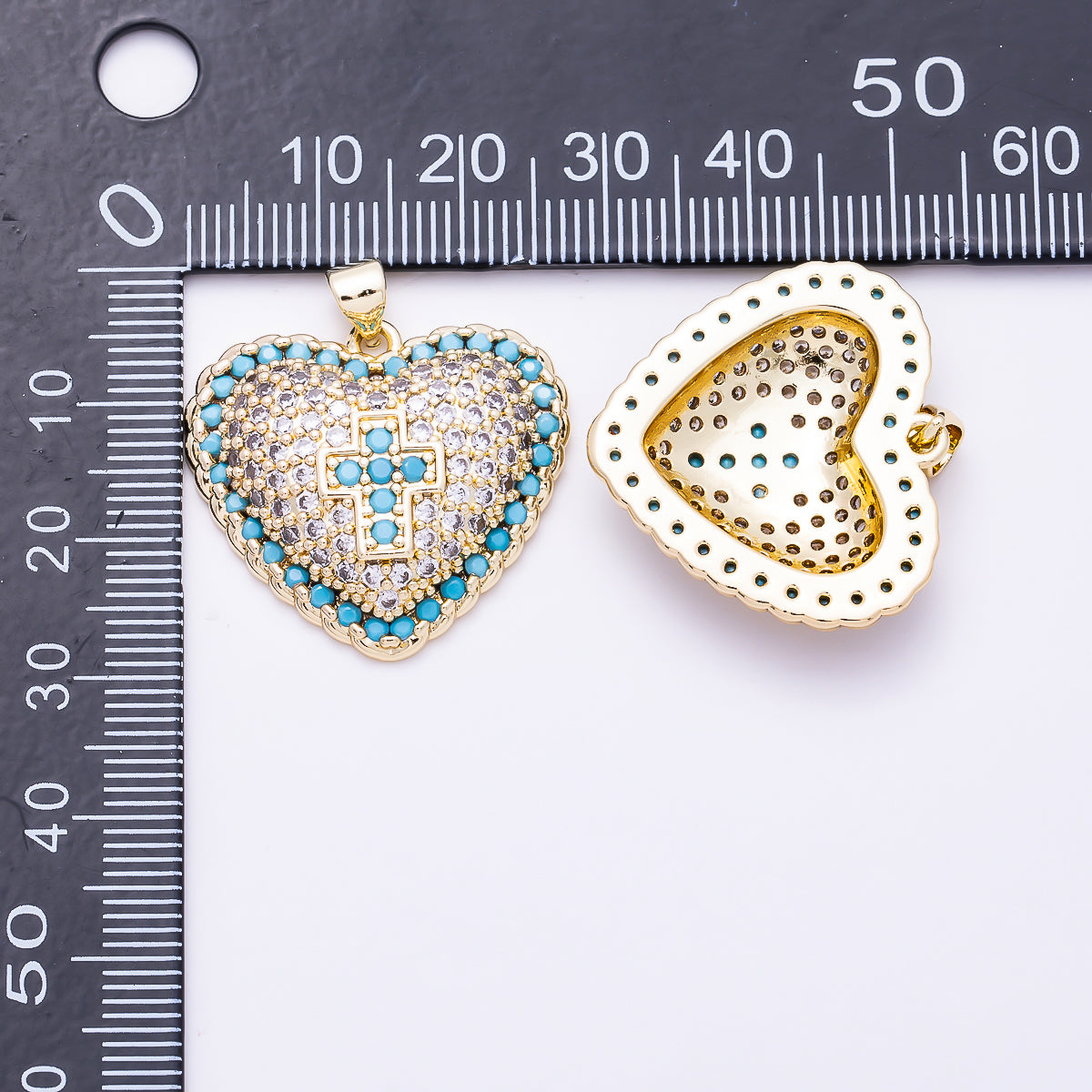 16K Gold Filled 25mm Turquoise and Clear Micro Paved CZ Cross Puffy Heart Religious Pendant | Charms-01929