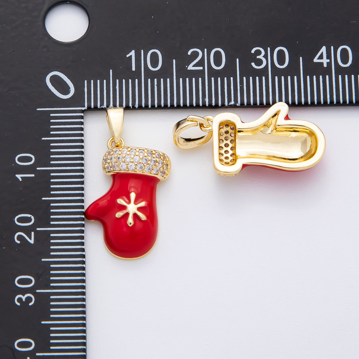 18K Gold Filled 25mm Micro Paved CZ Enamel Red Glove Christmas Mitten Pendant | AF-A1136