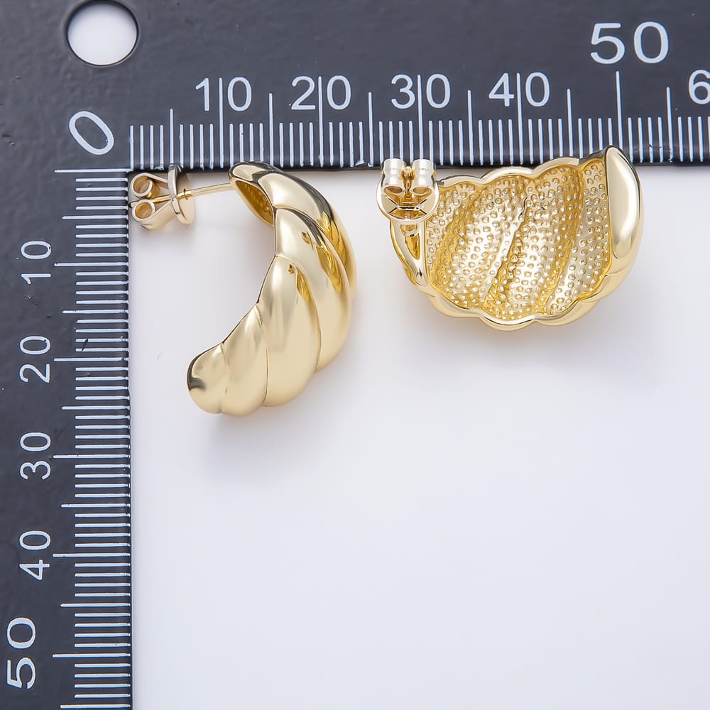 16K Gold Filled 25mm Simple Plain Chunky Croissant Ribbed Half-Hoop Earrings| Earrings-00814