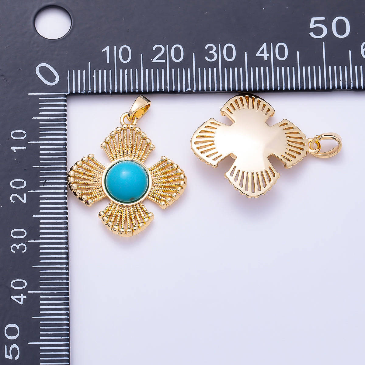 16K Gold Filled 25mm Turquoise, Tiger Eye, Shell Pearl Cabochon Dotted Geometric Flower Pendant | Charms-01553 ~ Charms-01555