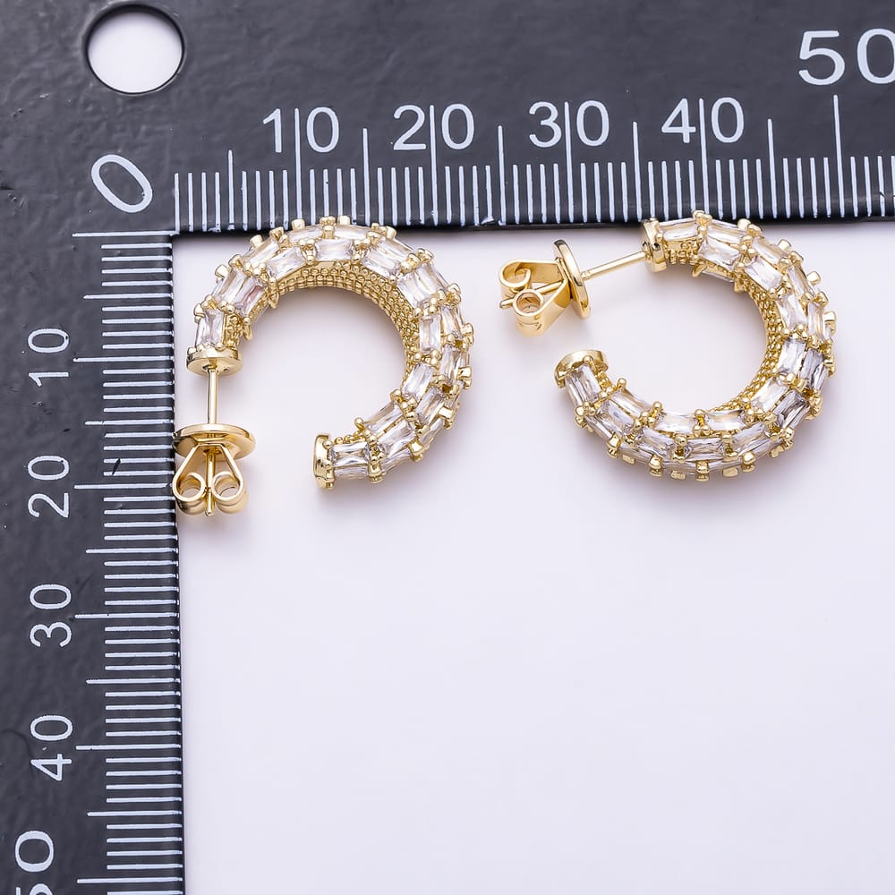 16K Gold Filled 25mm Baguette Lined C-Shaped Hoop Earrings in Gold & Silver | Earrings-00878 Earrings-00879