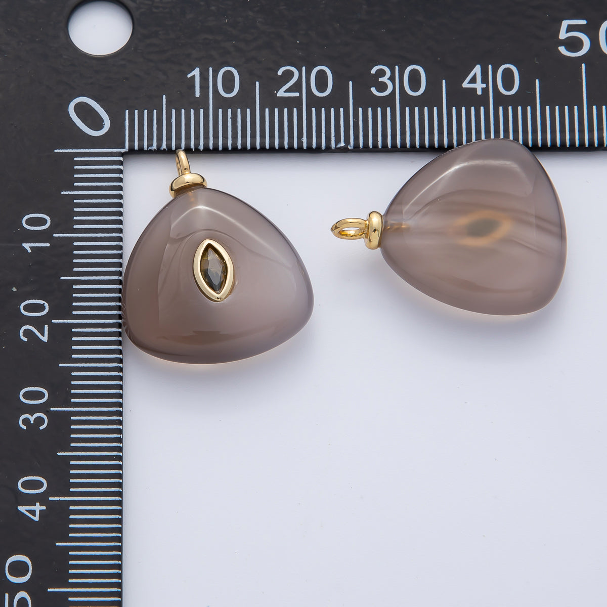 18K Gold Filled 25mm Grey Icy Obsidian with Smoky Quartz CZ Puffy Triangle Natural Gemstone Pendant | AF1452