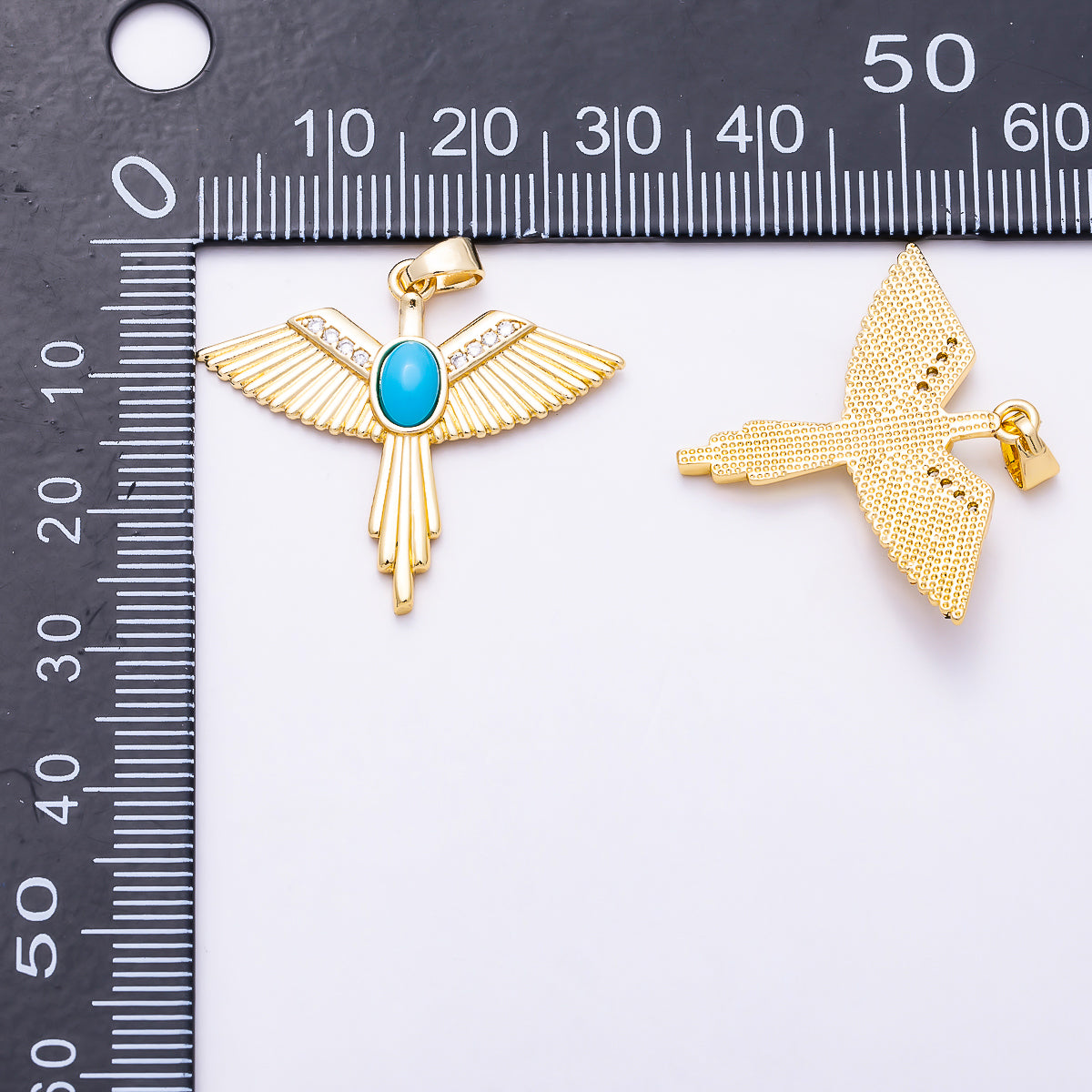 16K Gold Filled 30mm Turquoise Micro Paved CZ Geometric Ribbed Wings Pendant | Charms-01995