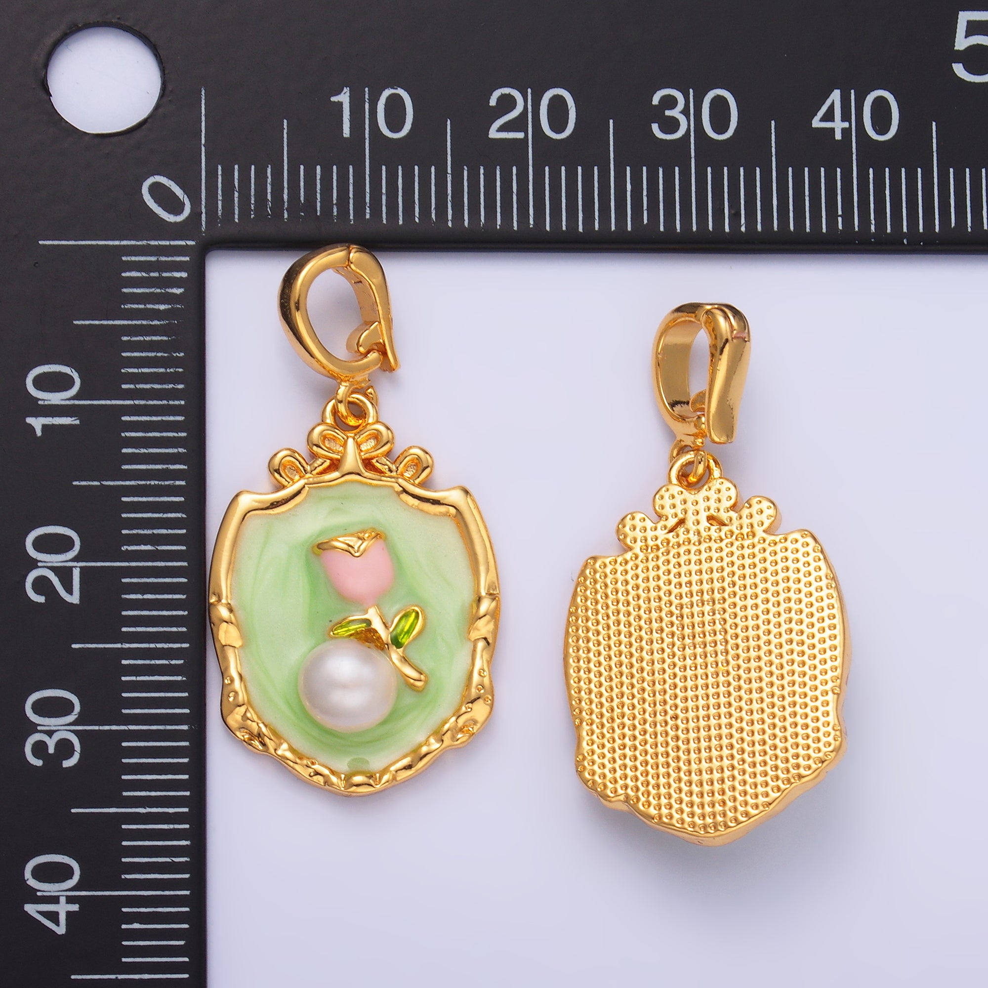 24K Gold Filled Green Pink Rose Flower With Pearl Snap Bail Pendant | AA1462