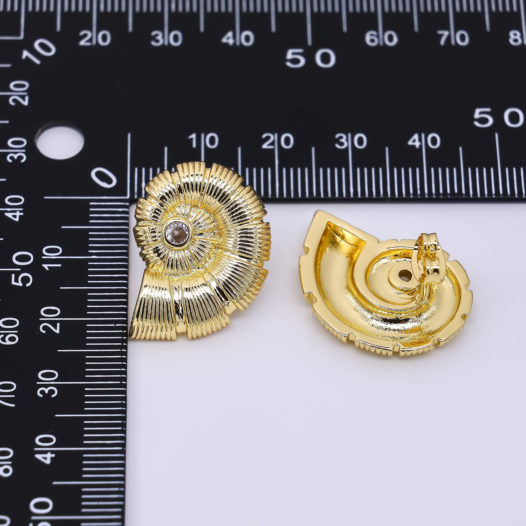 24K Gold Filled Round CZ Twirly Seashell Stud Earrings | AJ-074
