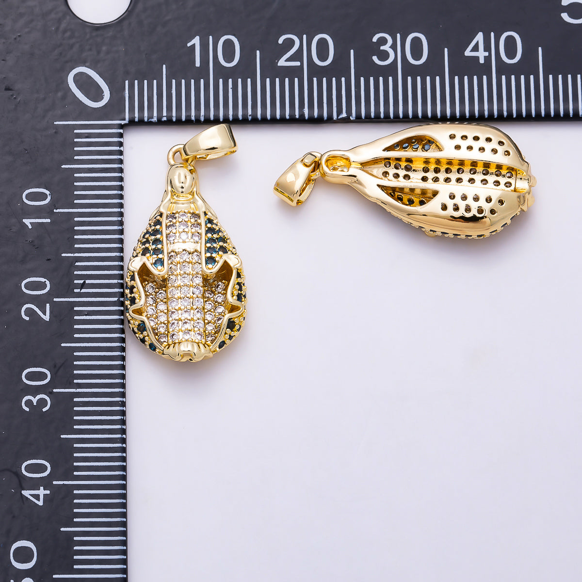 16K Gold Filled 25mm Blue and Clear Micro Paved CZ Virgin Mary Teardrop Religious Pendant | Charms-01988